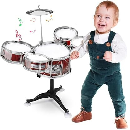 Batterie pour Enfants Batterie Jazz Drum Set Batterie Jouet pour Enfants Mini Drum Set Instruments de Musique avec 5 Tambours 1 Plat 2 Baguettes Instrument de Musique Percussion Éducative (A)