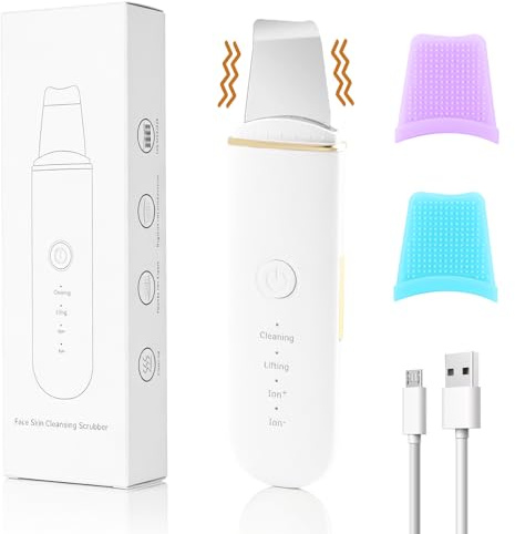 Peeling Ultrasonico Facial, Limpiador Ultrasonidos Facial con 4 Modos e Intensidad Ajustable，4 en 1 Espatula para Limpieza Facial, Skin Scrubber Removedor de Puntos Negros para Dispositivo de Belleza