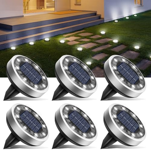 btfarm 6 Pezzi Luci Solari da Giardino Sepolta, 8 LED Faretti Solari a Led da Esterno, IP65 Impermeabile Lampade Faretto Solare da Terra per Prato Vialetto Piscina Garage, Bianco Freddo