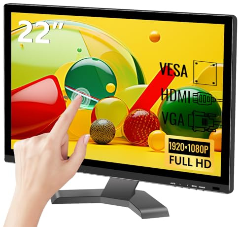 Pisichen 21,5 Zoll Touchscreen PC Monitor, Full HD 1920x1080P 10-Punkt Multi-Touch Computer Monitor mit HDMI VGA USB Anschluss, Integrierten Lautsprechern