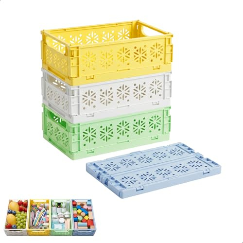 4er Set Klappkiste Klappkorb Klappbox Klein, Faltbare Klappboxen Stabil Multifunktionale Aufbewahrungsbox für Obst Gemüse Kosmetik Büro, Blau Grün Gelb Weiß