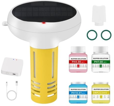 Pool thermometer mit TUYA App, 7-in-1 Smart Pool Wasserqualitätsmonitor mit CL/pH-Wert/Salzgehalt/ORP/elektrische Leitfähigkeit, für Pool, Whirlpool, Spa, 4 Kalibrierflüssigkeiten enthalten