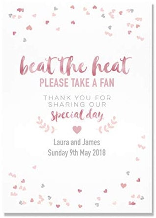 Personalised Beat The Heat Hot Summer Wedding Fan Sign in Pinks & Grey Confetti BLG20