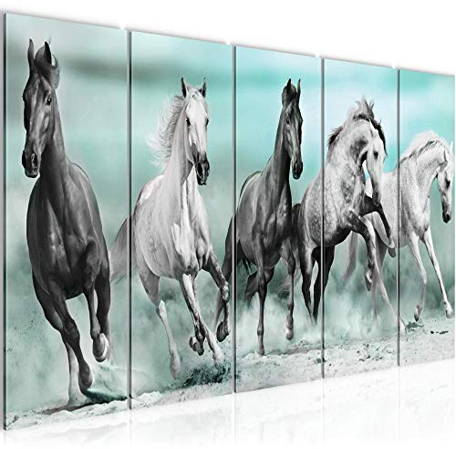 Runa Art Wandbild XXL Pferde Wohnzimmer Schlafzimmer 200 x 80 cm Blau 5 Teilig - Made in Germany - 014155b