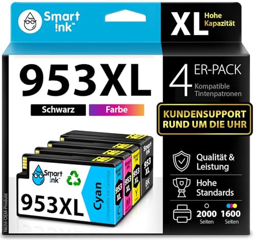 Smart Ink Kompatible Druckerpatronen als Ersatz für HP 953XL Multipack 953 XL (Schwarz XL & Blau Rot Gelb) mit Advanced Chip Technology für Officejet Pro 7720 7730 7740 8210 8218 8710 8715 8718 8720