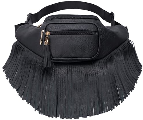 Solene Fringe Waist bag for women with Multi Zipper Pockets - (KL088, Black)