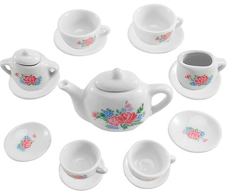 koolbitz 23 Pieces Kids Ceramic Play Tea Set, Role Play Tea Pot Saucers Cups, Pretend Play Kids Toy Kitchen Tea Party Playset, Washable Dishes, Safe Material, for Your Toddlers and Little Girls