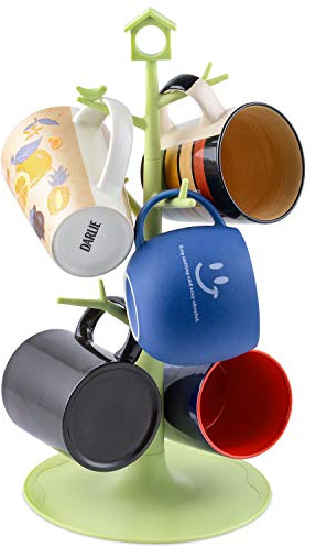 World Backyard 6 Mugs Holder Tree Cups Hanging Stand (Green with Bird & House Sign)
