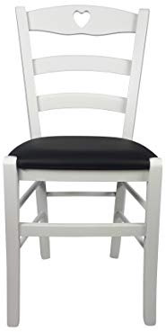 Sedia Cuore, in Legno Massello, Vari Colori e Sedute disponibili, Alta Qualità (Laccata Bianca, Imbottita Nero)