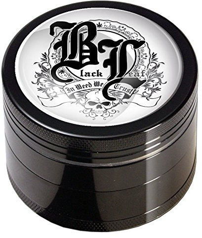Black Leaf Grinder 4-teilig Ø 50 mm | hochwertiger Aluminium Crusher mit Pollenkammer | Premium Grinder in Black Leaf Design mixed black | inkl. Schaber