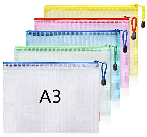 Plastic Wallets A3 Zip Wallets Ziplock Bags Plastic Mesh Document File Folder A3 Zipper Bag Zip Locked Bags - 5PCS