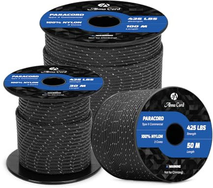 Abma Cord Paracord 3mm 50M 100% Nylon Seil Paracord 425 Typ II Schnur mit 3 Kern für Basteln, Camping, Survival - Max. 192kg (425lbs) - Reflektierende Schwarz