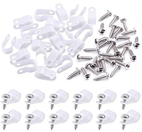 Swpeet Lot de 120 clips de câble en plastique nylon blanc de type R de 0,95 cm, kit de clips de fixation pour cordon de montage à vis en nylon avec 120 vis pour la gestion des câbles (0,95 cm, blanc)
