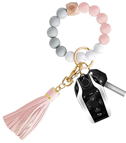 Senidea Schlüsselanhänger Elastisches Armband für Damen Frauen, Silikon Perlen Schlüsselanhänger Keychain Schlüsselbund, Auto Schlüsselanhänger Rosa