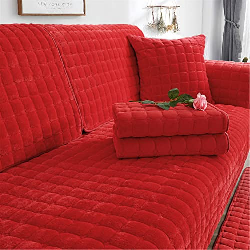 Sofa überzug Dicker Plüsch Schonbezug Sofabezug Gesteppte Sofa Sitzkissen Couchbezüge rutschfeste Sofaschoner Vor Haustieren Winter (Rot,110 × 240 cm)