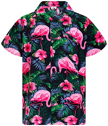 King Kameha Funky Chemise-Hawaienne, Manche-Courte, Flamingo-Flowers, Noir-Rose, XXL