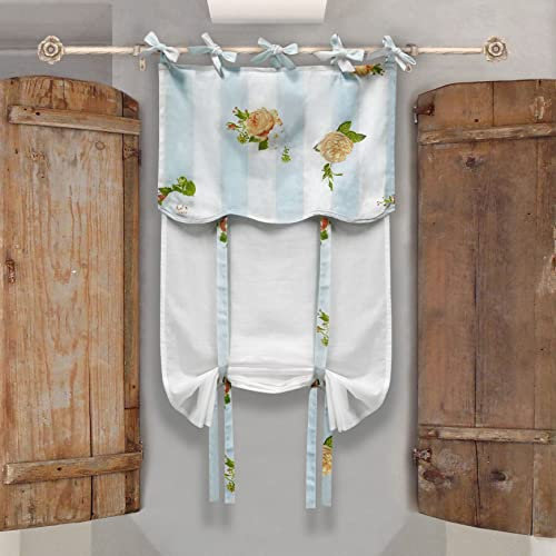 AT17 Vorhang Gardine Raffrollo Raffgardine, Raffrollo Baumwolle Provencal Shabby Chic - Blumen - 60x240 - Weiß/Hellblau