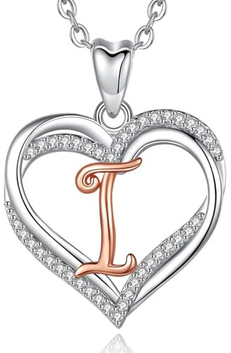 INFUSEU Double Heart Necklace, Alphabet Initial Rose Gold Letter I Pendant 20 Inch Chain A-Z Long Jewelry Women Female Ladies Birthday Gifts