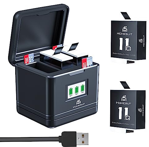 Homesuit Hero 12/11/10/9 Batteria Enduro 1800mAh e Caricatore LCD a 3 canali Compatibile con GoPro Hero 12 Hero 11 Black/Hero 10 Black/Hero 9 Black (Confezione da 2)
