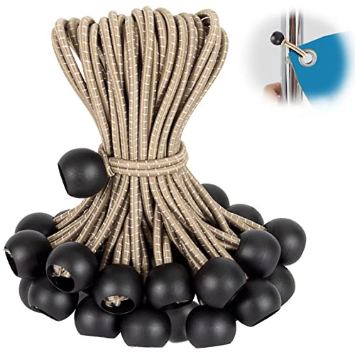 Tarp Ball Bungee Cords 6 Inch,50 PCS Tarp Bungee Balls Ties Heavy Duty Canopy Tarp Tie Down Balls for Camping,Shelter,Cargo ,Projector Screen,Tent Poles with UV Resistant (Brown)