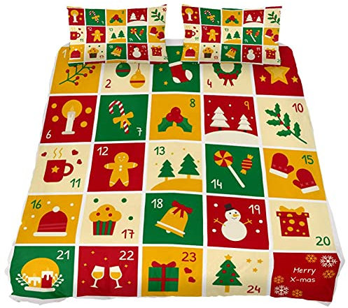 Godsous 3-teiliges Polyester-Bettbezug-Set, 100 % natürlicher Stoff, Weihnachts-Adventskalender, Karomuster, moderner Stil mit Reißverschluss