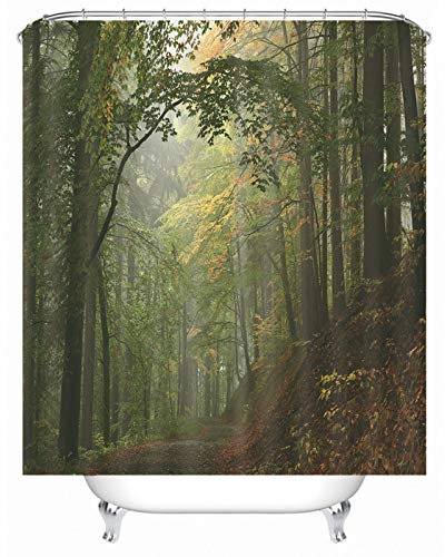 EHOMERY Duschvorhang Haken Duschrollo Ohne Kassette Wald Polyester Grün Rostfreie Ösen Und 12 Hakenringe, 90X180Cm