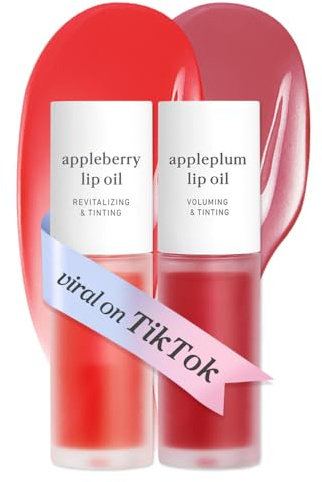 NOONI Korean Vegan Lip Oil - Appleberry & Appleplum | Lip Stain, Gift, Long-Lasting, Moisturising, Plumping, Revitalising for Dry Lips, Waterproof, No Peel Off, 0.12 Fl Oz