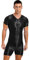 iEFiEL Herren Öl Body Glossy Ganzanzug Kurz Bodysuit Bodycon Sportbody mit Reißverschluss Eng Stretch Gymnastikbody Unterwäsche Schwarz XL