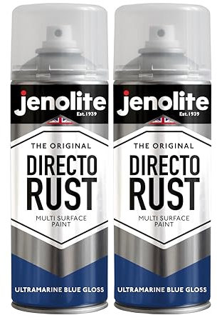 JENOLITE Directorust Pintura en aerosol brillante | ULTRA MARINO AZUL | 2x400ml | Pintura en aerosol de óxido directo para metal | Múltiples superficies: madera, metal, plástico | RAL5002