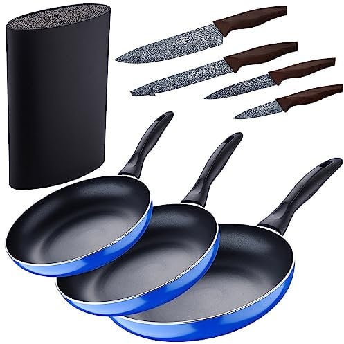 3-teiliges Pfannenset (16 + 20 + 24 cm) aus gepresstem Aluminium, Induktion, Marineblau, mit 4 Messern, Edelstahl, mit Tacoma/Messerblock