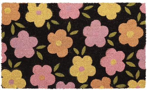 Betz Kokosmatte aus 100% Kokos - Fußmatte - Fußabstreifer –Schmutzfangmatte Muster Blüten mit Blätter Größe 45 cm x 75 cm x 1,5 cm