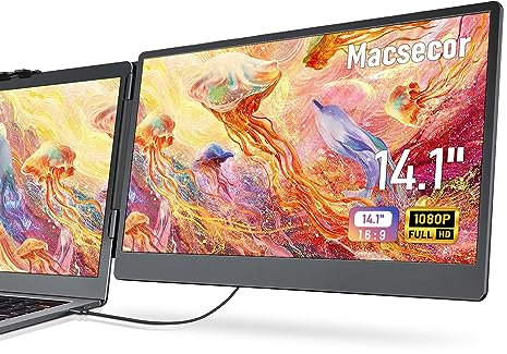 Macsecor Estensore dello schermo del computer portatile da 14,1 pollici, monitor portatile FHD 1080P per laptop USB C HDMI, estensione plug-play per laptop da 13 a 17,3, compatibile con