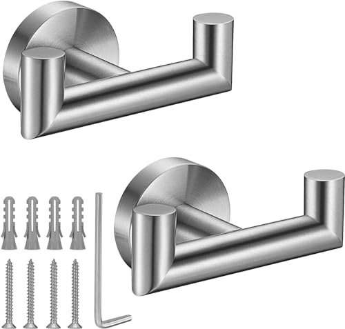 JUMRHFAN 2 Pcs Bathroom Towel Hook,Screw in Metal Coat Hook Brushed Robe Hook SUS 304 Stainless Steel Heavy Duty Door Hanger Towel Robe Clothes Closet Sponges Hook for Bathroom Hotel(Silver)