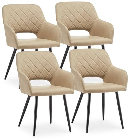 CLIPOP Esszimmerstühle, 4er Set, Polsterstühle mit Armlehnen, Metallbeine, Cream Kunstleder Bezug, bis 150 kg belastbar, für Arbeitszimmer, Wohnzimmer, Schlafzimmer