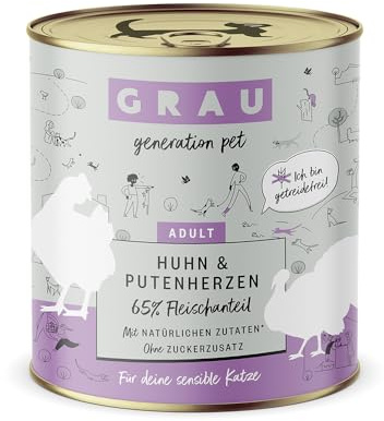 Grau – das Original – Nassfutter für Katzen - Huhn & Putenherzen, 6er Pack (6 x 800g), getreidefrei, für Erwachsene Katzen