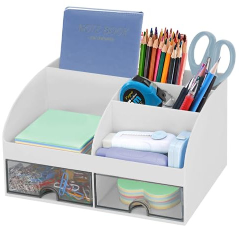SYJINHUASY Multifunktionaler Schreibtisch Organizer, Kompakter Büroorganizer mit 5 Fächern & 2 Schubladen,Plastik Tisch Organizer für Büro Zuhause Schule (White-B)