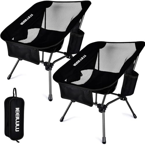 JONRRYIN Campingstuhl, Tragbare Klappstuhl Campingstuhl Faltbar Ultraleichter Camping Stuhl Strandstuhl mit DREI Seitentaschen und Mesh-Rückwand für Outdoor, Camping, Picknick, Strand (2, Schwarz)