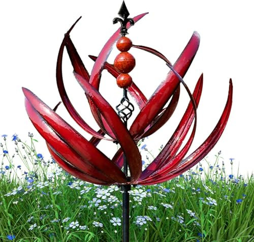 Vuggdt Metal Garden Spinner, Red Windmill, UV & Rust Resistant, Multicolor, Floral Theme, 20x90cm