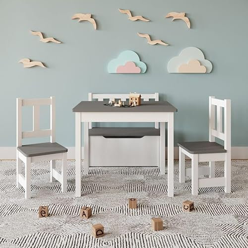 URBNLIVING Modern Wooden Children's Table Set with 2 Chairs & Storage Bench stylish, and perfect for endless playtime fun (White & Grey)