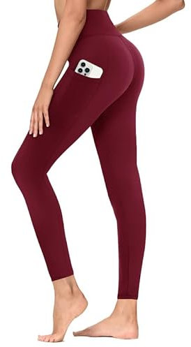 TNNZEET Leggings Damen High Waist mit Taschen Sporthose Blickdicht Sportleggins Lang Weiche Yogahose Elastische Hosen Sport Gym Laufhose(Weinrot,L-XL)