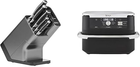 Bloc-couteaux Ninja Foodi StaySharp avec Affûteur, 6 Pièces Aiguisés, Acier Inoxydable, K32006EU + Ninja Foodi FlexDrawer Air Fryer, Dual Zone Avec Séparateur Amovible, Grand Tiroir de 10.4 L, AF500EU