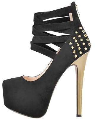 MissHeel Plateau Mary Janes Riemchenpumps Nieten Gold Schwarz Faux Suede Pumps EU 42