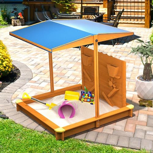 Grand Bac À Sable En Bois avec Auvent Réglable En Hauteur Et En Profondeur, Bac À Sable pour L'extérieur, Couvercle Réglable, Entonnoir À Sable, Planche À Dessin, Bac À Sable pour La Plage Et Le Patio
