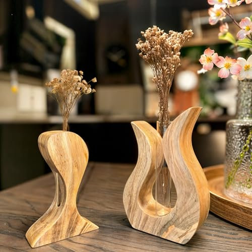 Holzvasen Deko 2er Set aus nachhaltigem Mangoholz | Zeitloses Design für stilvolle Blumen & Pflanzen | Handgefertigte Reagenzglas Vase für Wohlfühlambiente | Vasen Deko, Tischdeko