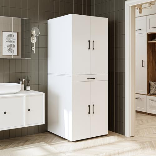 ROOMART Waschmaschinenschrank Dora für Trockner & Waschmaschine, in 4 Farben, mit Türen & Ausziehbrett (Weiß)