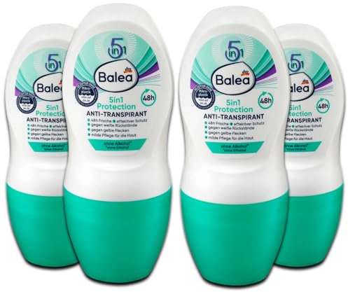 5er Set: Balea 4 x Antitranspirant Deo Roll-on 5in1 Protection, 50 ml - 1 x Topfpflanze, künstlich