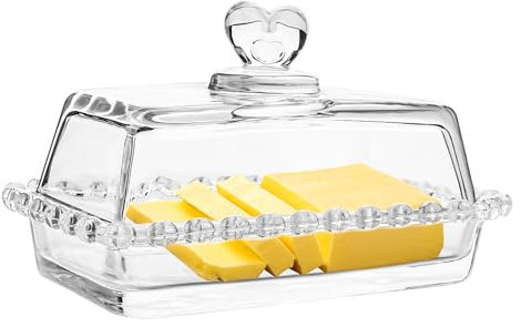 Glass Butter Dish with Cover - Butter Dish with Lid - Clear Crystal Butter Dish for Countertop, Butter Keeper with Heart Shaped Handle Cover, Butter Holder Container for Valentine's Day Gift