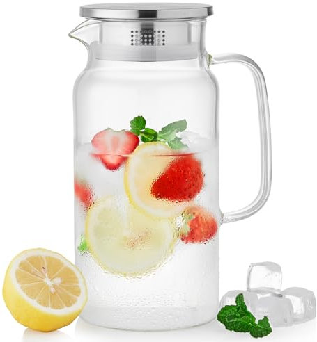MESNEY Caraffa Acqua 1,2 L con Coperchio e Beccuccio, Brocca Acqua Vetro Borosilicato Resistente al Calore, Compatta per Porta Frigorifero, Ideale per Tè e Bevande Fredde