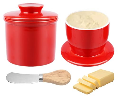 WIYETY Französische Butterdose mit Käsemesser: Runder Butterbehälter mit Deckel, Porzellan Butter Keeper Crock, Porzellan Buttertopf für Aufbewahrung von Frischer Verzehrfertiger Butter, Rot