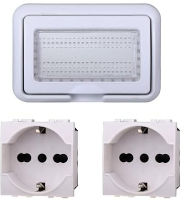 Kit Placca Scatola 504 Premontato IP55, 4 Moduli 2 Prese Schuko P40 Universale 10/16A, Compatibile Con Bticino Living, Colore Bianco, Placca Stagna Idrobox Incasso Da Esterno
